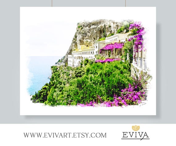 Amalfi Coast Italian Riviera Grand Convento di Amalfi Landscape illustration art print from an watercolor painting drawing