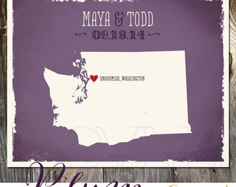 Washington State USA Custom Purple Eggplant Wedding Print Destination Wedding Gift Memento Couple print Guest Books Wedding Signature