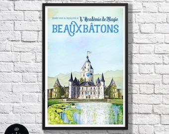 Wizard inspired Vintage Watercolor Movie Travel Poster Beauxbatons School France Poster Wall Art Gift Children Room Geekery