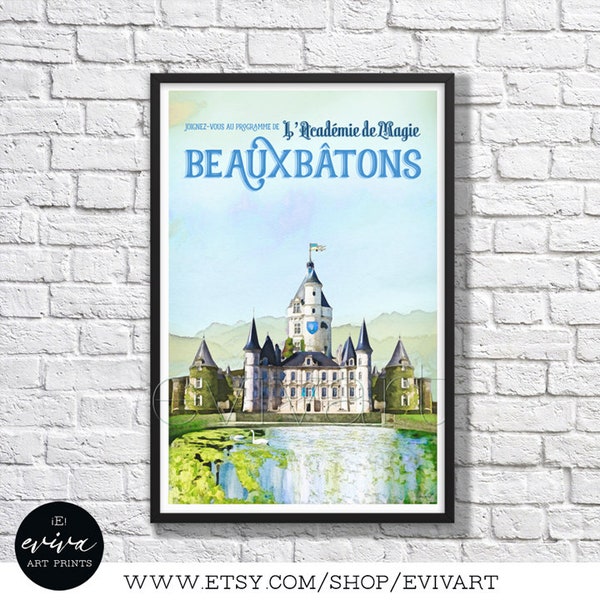 Wizard inspired Vintage Watercolor Movie Travel Poster Beauxbatons School France Poster Wall Art Gift Children Room Geekery