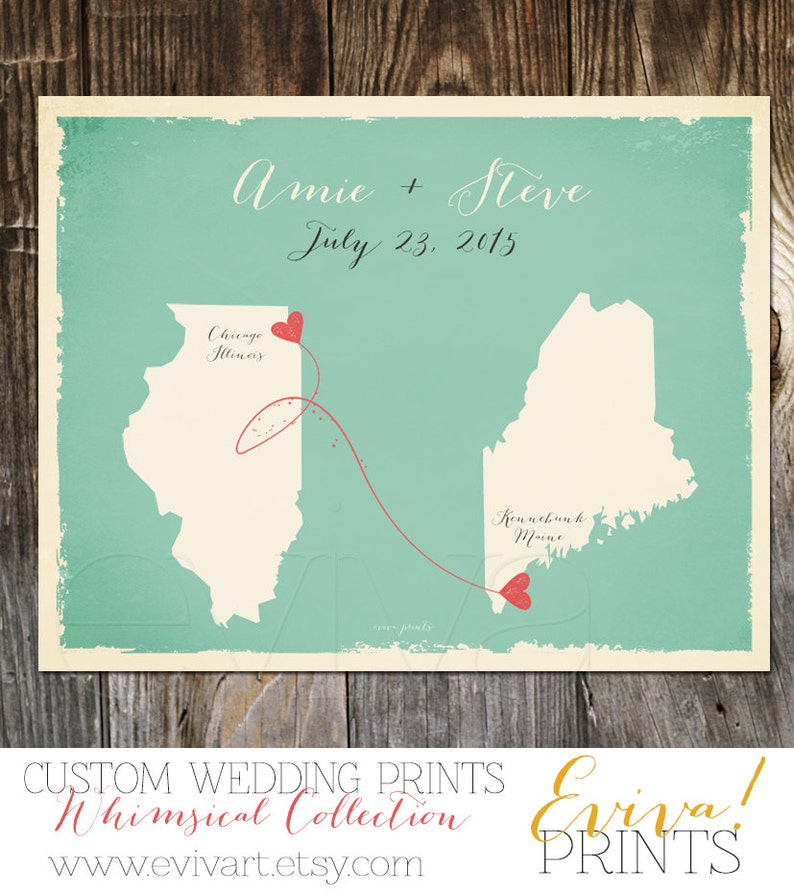 Custom Mint Wedding Print Destination Wedding Gift Memento Marriage Couple print alternative Signature Guest Books USA States Map image 1