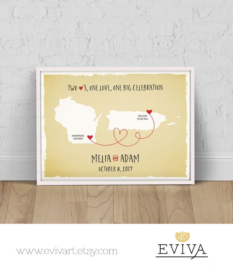 Custom Wedding Print Destination Wedding Gift Memento Marriage Couple print alternative Signature Guest Books USA States Puerto Rico Map image 2