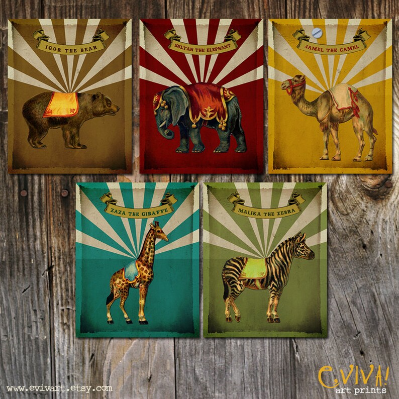 Vintage Circus Animals Set of Five Prints Nursery Decor Etsy