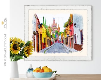 San Miguel de Allende Mexico Art Print Watercolor Illustration Parroquia San Miguel Arcángel church painting drawing gift home wall decor