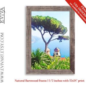 May include: A watercolour painting of a Mediterranean landscape featuring a pine tree, a stone building, and a view of the sea. The painting is framed in a natural barnwood frame with a 1 1/2 inch width. The print size is 12x18 inches.