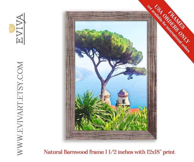 May include: A watercolour painting of a Mediterranean landscape featuring a pine tree, a stone building, and a view of the sea. The painting is framed in a natural barnwood frame with a 1 1/2 inch width. The print size is 12x18 inches.