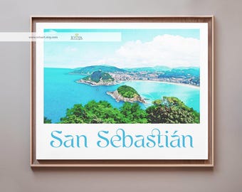 San Sebastián Spanien Baskiska Donostia Resa Akvarellmålning Poster Väggkonst Tryck Spanien Illustration Bröllopspresent Heminredning