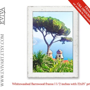 May include: A watercolour painting of a whitewashed barnwood frame with a 12x18 inch print of a landscape scene. The print features a large pine tree with a view of the ocean and a small building in the distance.