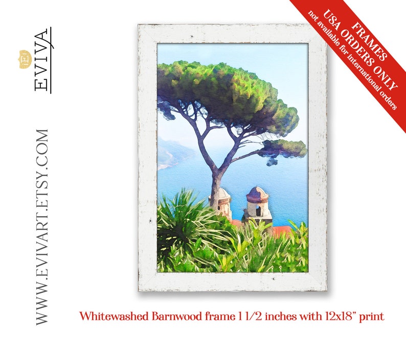 May include: A watercolour painting of a whitewashed barnwood frame with a 12x18 inch print of a landscape scene. The print features a large pine tree with a view of the ocean and a small building in the distance.