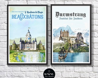Poster Wandkunst Zauberer-inspiriertes Reiseplakat Duo Durmstrang Beauxbatons Schulen Vintage Retro Aquarell Kunst Film Kinderzimmer Geekery