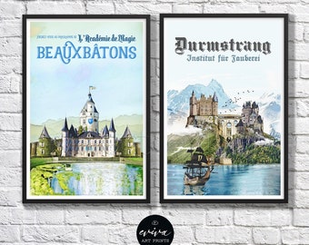 Wizard-inspired Travel Poster Duo Durmstrang - Beauxbatons Schools Vintage Retro Watercolor Wall Art Movie Children Room Geekery