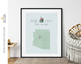 Arizona Custom Watecolor Wedding Print Destination Wedding Gift Memento Couple print alternative Signature Guest Books AZ USA Map