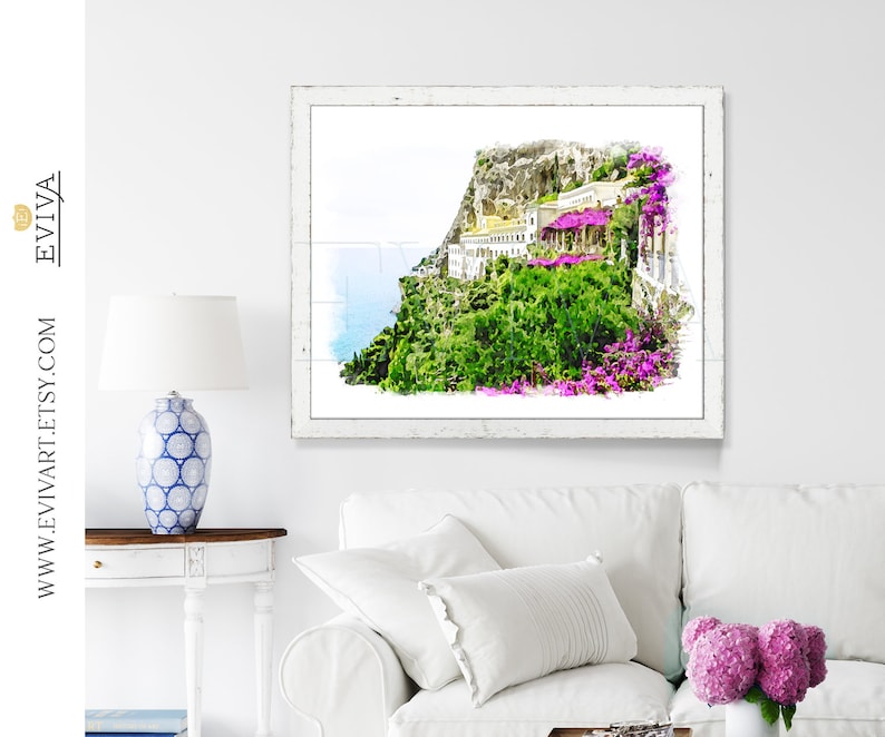 Amalfikusten italienska rivieran Grand Convento di Amalfi Landskapsillustration konsttryck från en akvarellmålning bild 1