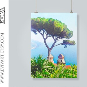 May include: A watercolour painting of a green tree with a blue sky and ocean in the background. The tree is in the foreground and there are two small buildings in the distance.