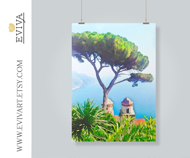 May include: A watercolour painting of a green tree with a blue sky and ocean in the background. The tree is in the foreground and there are two small buildings in the distance.