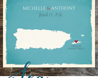 Puerto Rico Custom Wedding Print Destination Wedding Gift  Memento Couple print alternative Signature Guest Books USA State Vieques Map