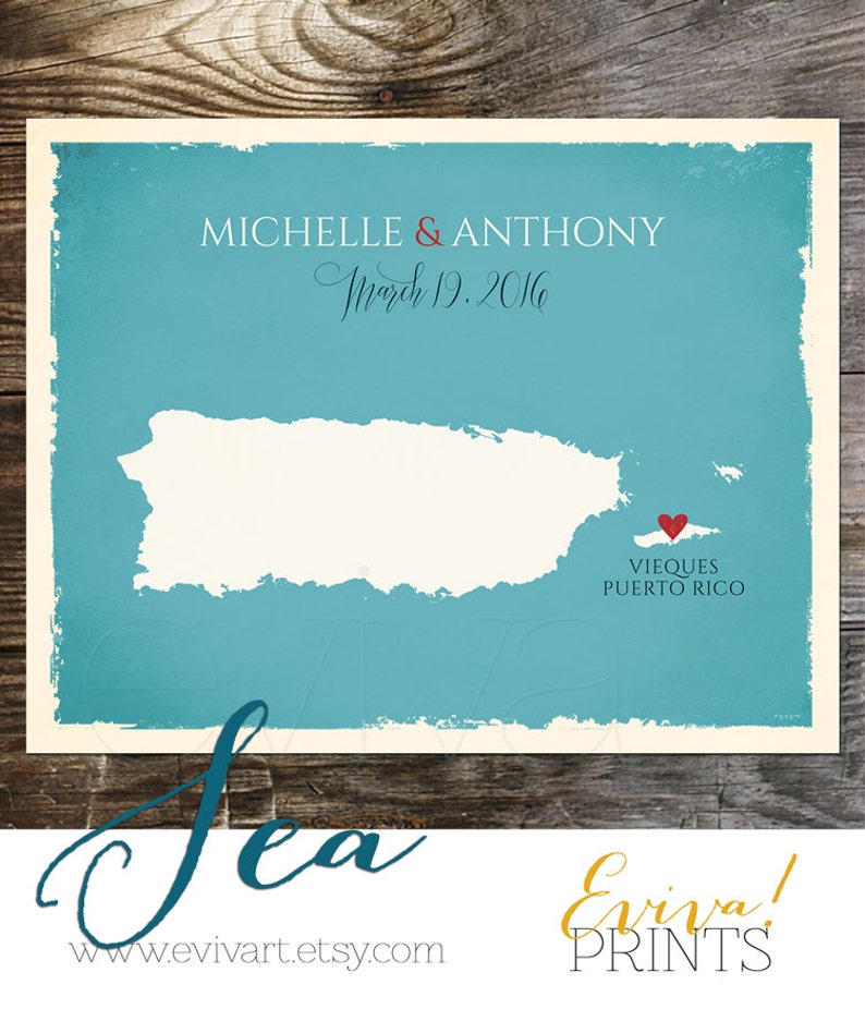 Puerto Rico Custom Wedding Print Destination Wedding Gift Memento Couple print alternative Signature Guest Books USA State Vieques Map