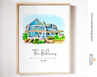 Custom House Portrait Watercolor Painting Illustration from Photo Personalized House Drawing Housewarming Gift Wall Art Commission Home Art