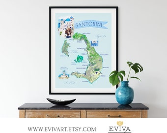 Santorini Greece Map Greek Watercolor Illustrated Island Map art print watercolor painting drawing wall art gift home decor