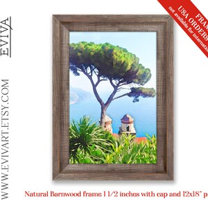 May include: A watercolour painting of a Mediterranean landscape featuring a pine tree, buildings, and a view of the sea. The painting is framed in a natural barnwood frame with a 1 1/2 inch wide frame and a cap. The print size is 12x18 inches.