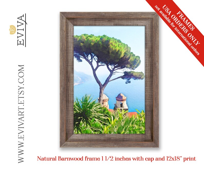 May include: A watercolour painting of a Mediterranean landscape featuring a pine tree, buildings, and a view of the sea. The painting is framed in a natural barnwood frame with a 1 1/2 inch wide frame and a cap. The print size is 12x18 inches.