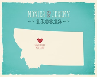 Montana USA Custom Wedding Print Destination Wedding Gift  Memento Marriage Couple print alternative Signature Guest Books USA State Map