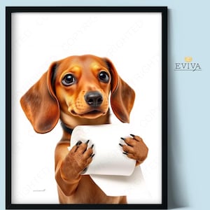 Funny Dachshund Dog With Toilet Paper Bathroom Art Printable Poster Bathroom Decor Toilet Humor Decor Modern Art Pooping Print Funny Print