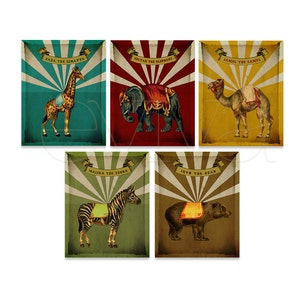 Poster Wall Art Vintage Circus Animals Set of Five Prints - Nursery Decor - Kids Room Decor - Vintage Nursery