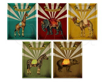 Poster Wand Kunst Vintage Zirkus Tiere Set mit fünf Drucken - Kinderzimmer Dekor - Kinderzimmer Dekor - Vintage Kinderzimmer