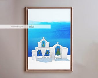 Lámina de acuarela de Santorini, Grecia, arte mural de la isla griega, arte de viaje en azul y blanco.