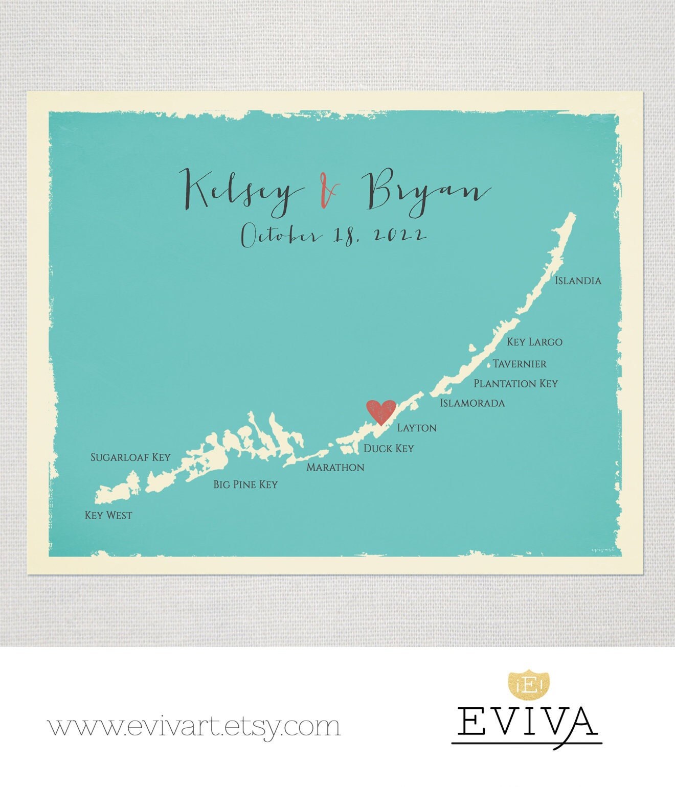 Florida Keys USA Key West Custom Map Wedding Print Destination Wedding Gift  Memento Couple print alternative Signature Guest Books