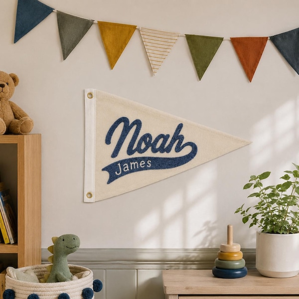 Personalized Name Pennant Flag, Hand-Guided Punch Needle Embroidery Banner, Custom Nursery Wall Decor, Kids Room Name Sign.