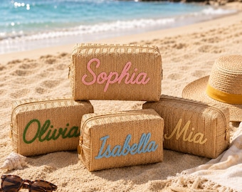 Personalisierte Bast Make-up Tasche, Name Stroh Kosmetiktasche, Brautjungfer Geschenk, Hochzeit am Strand, Kulturtasche Kulturtasche