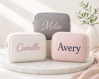 Personalized Waffle Toiletry Bag, Embroidered Name or Monogram Makeup Pouch for Travel.