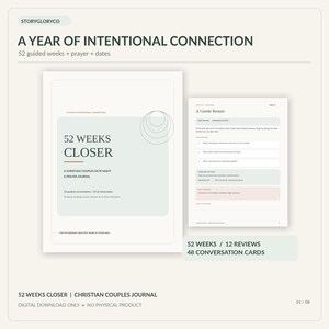 Può includere: Un diario digitale intitolato A Year of Intentional Connection e 52 Weeks Closer, che include 52 settimane guidate, preghiere e appuntamenti. Il layout comprende una copertina e una pagina interna intitolata A Gentle Restart con spunti di conversazione, letture delle scritture e preghiere per le coppie.
