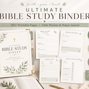 May include: A beige binder titled Ultimate Bible Study Binder with gold corner accents, featuring botanical illustrations and a cross. Includes printable pages for a prayer journal, sermon notes, and a weekly faith planner with PDF and US Letter icons.