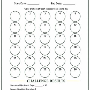 K&ouml;nnte beinhalten: Ein wei&szlig;es, druckbares Tracker-Blatt mit dem Titel Every Penny Counts 22 No-Spend Challenge. Es enth&auml;lt ein Raster aus drei&szlig;ig nummerierten Kreisen zur t&auml;glichen Fortschrittskontrolle sowie Abschnitte f&uuml;r Start- und Enddaten, erfolgreiche Tage, Ersparnisse und Notizen.