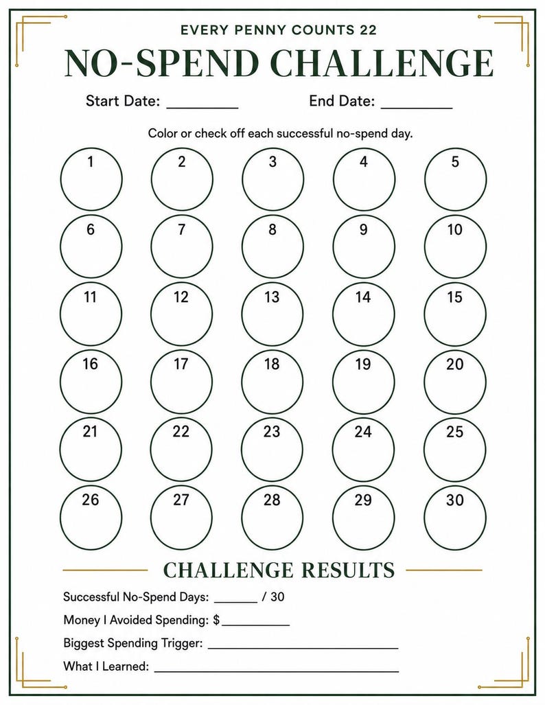 K&ouml;nnte beinhalten: Ein wei&szlig;es, druckbares Tracker-Blatt mit dem Titel Every Penny Counts 22 No-Spend Challenge. Es enth&auml;lt ein Raster aus drei&szlig;ig nummerierten Kreisen zur t&auml;glichen Fortschrittskontrolle sowie Abschnitte f&uuml;r Start- und Enddaten, erfolgreiche Tage, Ersparnisse und Notizen.