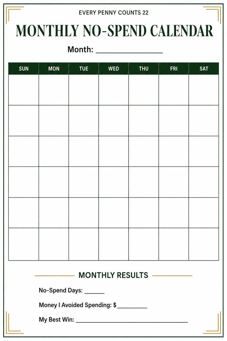 K&ouml;nnte beinhalten: Ein monatlicher Ausgaben-Kalender mit dunkelgr&uuml;nen R&auml;ndern und Text auf wei&szlig;em Grund. Die &Uuml;berschrift lautet EVERY PENNY COUNTS 22 und MONTHLY NO-SPEND CALENDAR. Er enth&auml;lt eine Zeile f&uuml;r den Monat, ein Raster mit sieben Spalten f&uuml;r die Tage.
