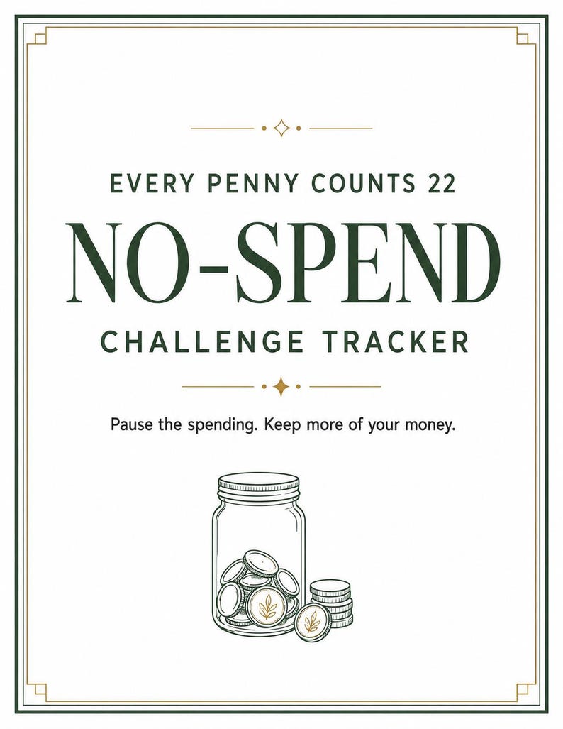 K&ouml;nnte beinhalten: Ein wei&szlig;es rechteckiges Schild mit dunkelgr&uuml;nem Rand, das den Text EVERY PENNY COUNTS 22 NO-SPEND CHALLENGE TRACKER und Pause the spending. Keep more of your money. enth&auml;lt. Unter dem Text befindet sich eine Strichzeichnung eines Glasgef&auml;&szlig;es.