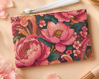 Vintage Pink Peony Floral Wristlet Clutch | Botanical Saffiano Leather Pouch