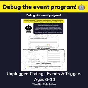 Könnte beinhalten: Ein weißes Arbeitsblatt mit dem Titel Debug the event program und einem Robotersymbol. Die Seite enthält Abschnitte zur Identifizierung von Logikfehlern bei Schulereignissen, zur Korrektur von Auslösern und zum Erstellen neuer Szenarien.