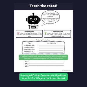 Può includere: Una scheda didattica bianca intitolata Teach the robot! con l'icona di un robot nero e un fumetto che spiega le istruzioni precise. Include esempi di comandi vaghi e precisi, una sezione da completare e una sfida.