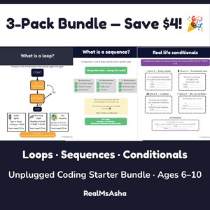 May include: A 3-pack educational bundle for ages 6-10 featuring worksheets on coding concepts. The pages include diagrams explaining loops, sequences, and real-life conditionals with text prompts for students to fill in. The title reads Unplugged Coding Starter Bundle.