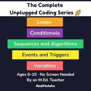May include: A dark blue educational graphic titled The Complete Unplugged Coding Series with a rainbow icon. It lists Loops, Conditionals, Sequences and Algorithms, Events and Triggers, and Variables in coloured boxes. Text includes Ages 6-10, No Screen Needed, By an M.Ed. Teacher, and RealMsAsha.