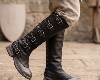 Gothic-Steampunk-Beinschützer aus Leder, Stiefelstulpen im Stil der Renaissance, Gamaschen für Ritterrüstungen, verstellbare Schnallen – Accessoires für Cosplay-Kostüme
