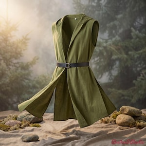 Peut inclure: Un gilet sans manches vert olive à capuche, doté d'une ouverture sur le devant et d'une ceinture marron foncé avec une boucle métallique circulaire serrée à la taille. Le vêtement présente une silhouette longue et fluide avec des fentes latérales.