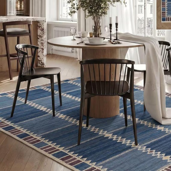 Handwoven Blue Geometric Flatweave Rug, Scandinavian Wool Area Rug, Custom Size Available