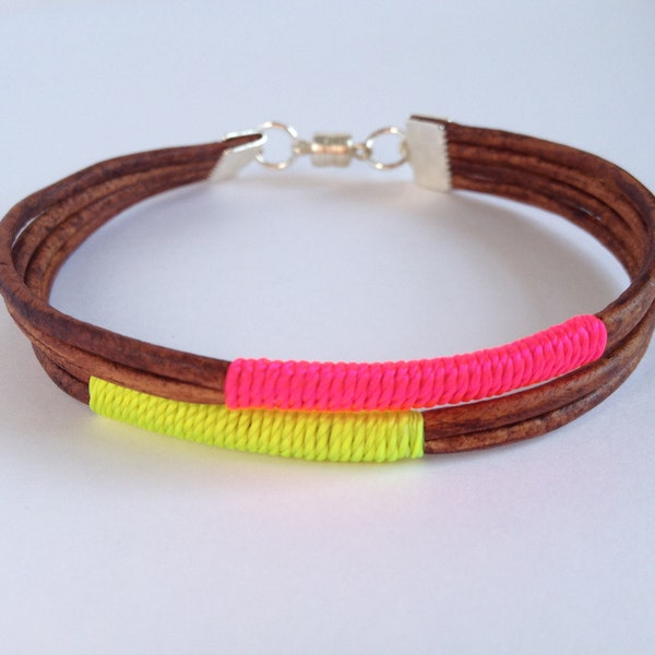 FREE SHIPPING with coupon code Summerlove - Natural Brown Leather and Neon Cord Bracelet