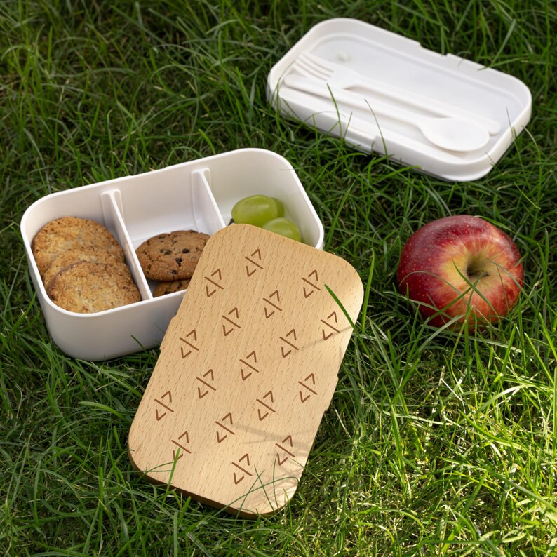 Code Brackets Pattern Bento Lunch Box | Wooden Lid Silicone Tray: HTML, CSS, Web, Frontend image 2